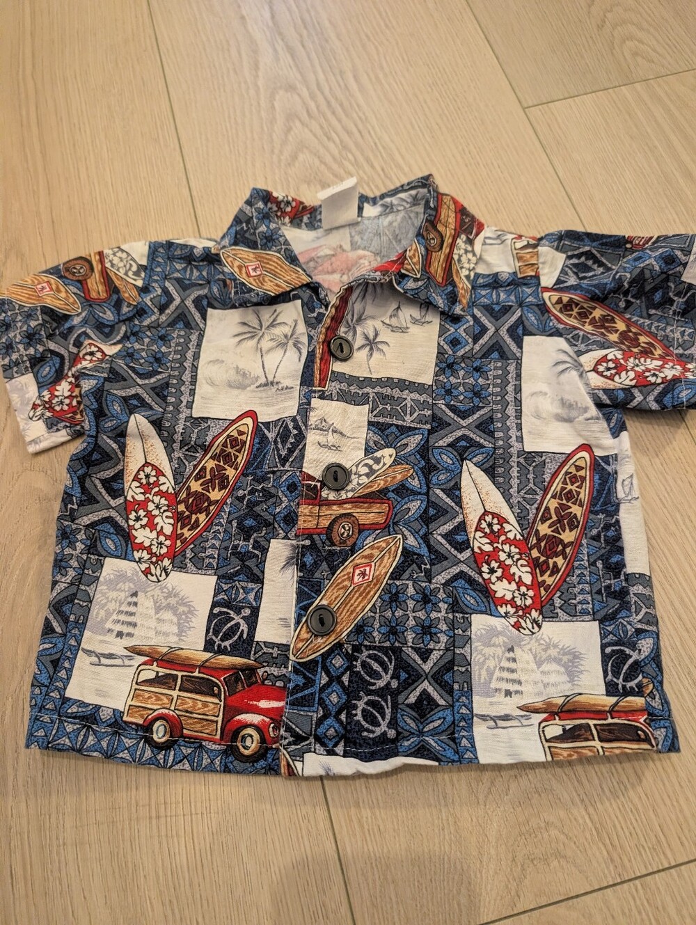 Vintage Boys Blue Hawaiian Surf Print Button-Up Shirt  0193